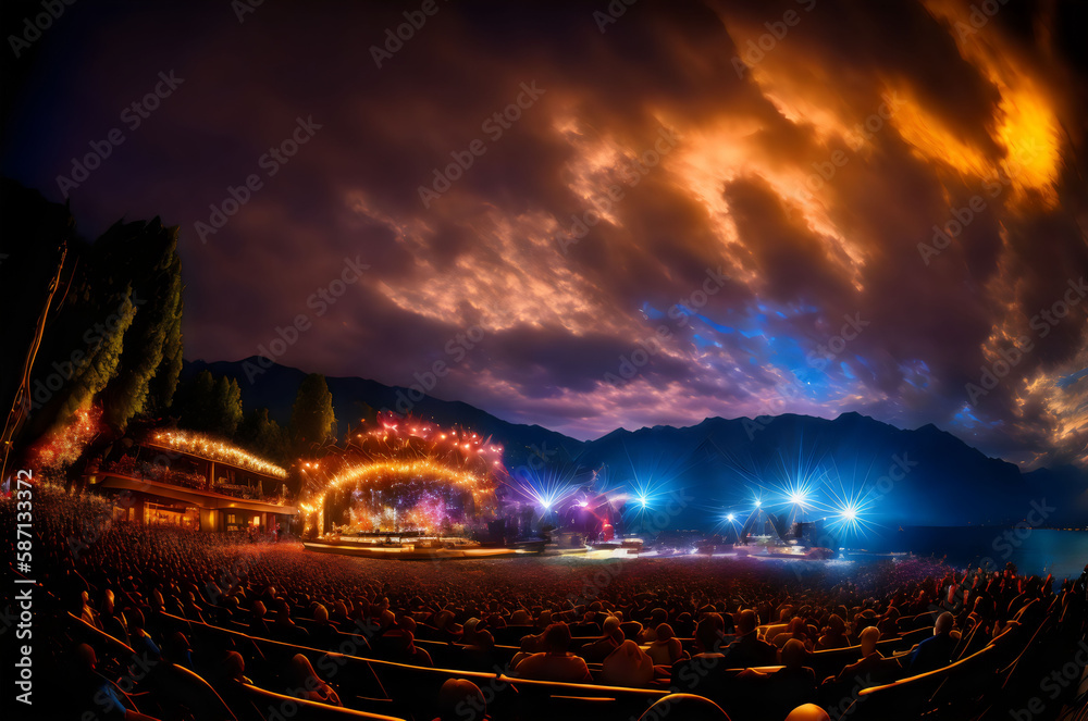 Fototapeta premium a concert with a sky full of clouds and mountains - Generative AI