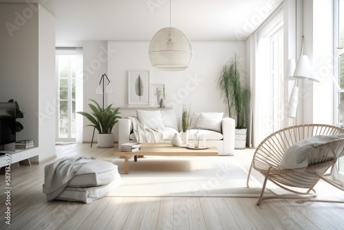 cozy living room with ample natural light from a large window and comfortable furnishings. Generative AI