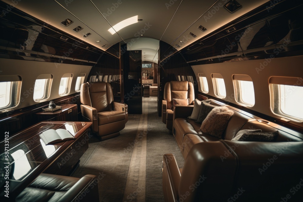 Luxury interior in the modern business jet. Travel concept. AI generated, human enhanced Luxury interior in the modern business jet. Travel concept. AI generated, human enhanced