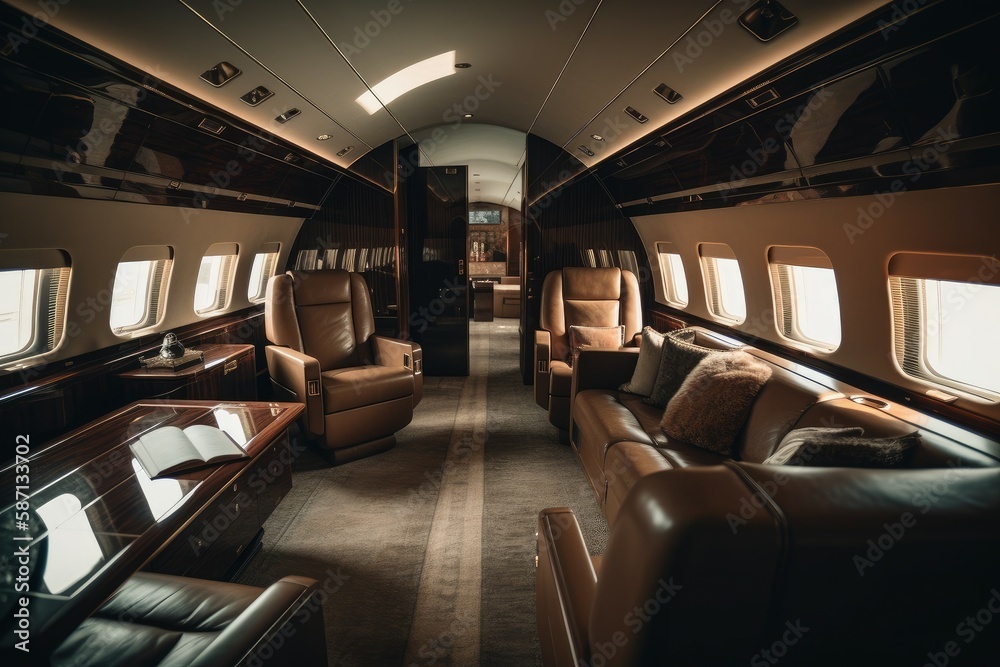 Luxury interior in the modern business jet. Travel concept. AI generated, human enhanced