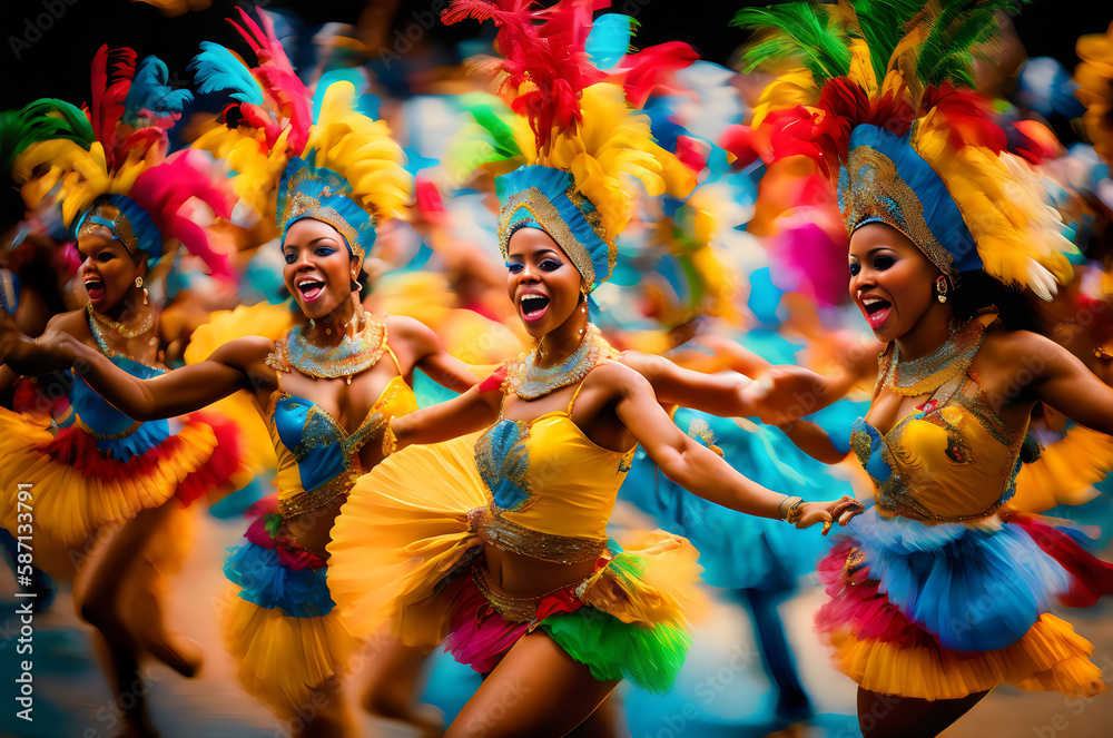 Fototapeta premium a group of women in colorful costumes dancing - Generative AI