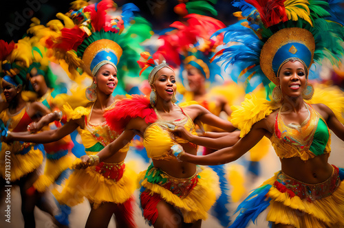 carnival dancers in colorful costumes and feathers - Generative AI