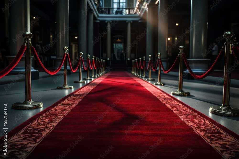 Luxury red carpet with selective focus. Blurred defocused background as copy space. AI generated, human enhanced