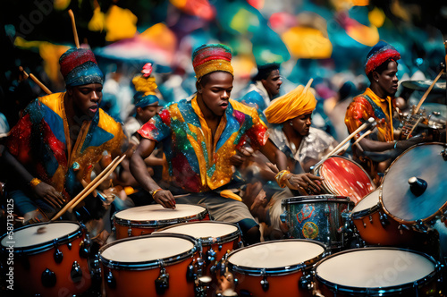 a group of men in colorful outfits playing drums - Generative AI