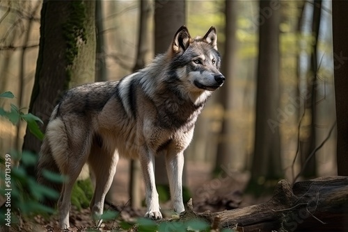 In the forest, there is a gray wolf. Generative AI © AkuAku