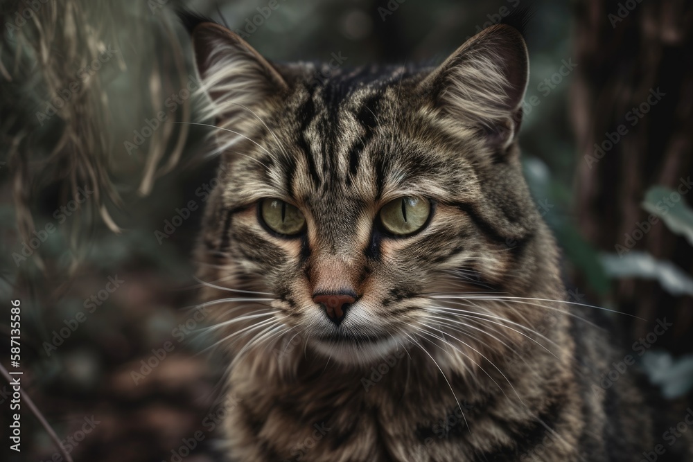 Tabby cat staring directly at the camera. Backdrop of nature. Generative AI