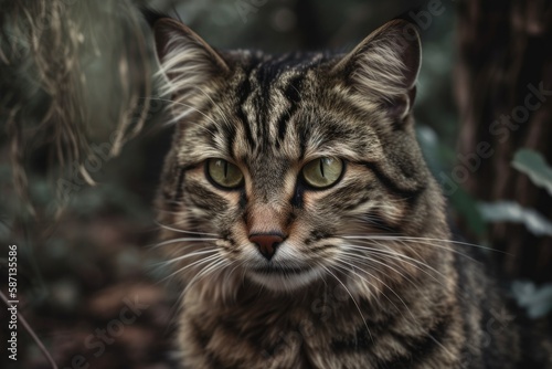Tabby cat staring directly at the camera. Backdrop of nature. Generative AI © AkuAku