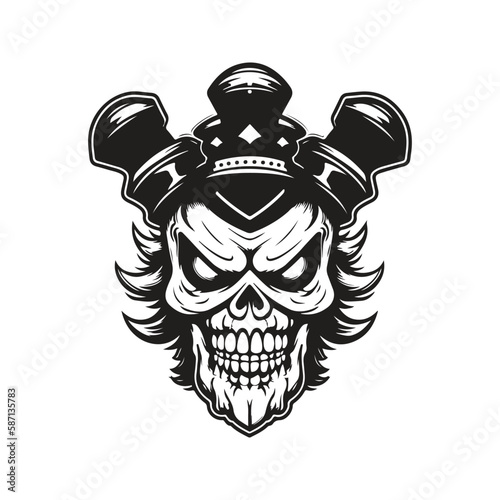 skull clown, logo concept black and white color, hand drawn illustration