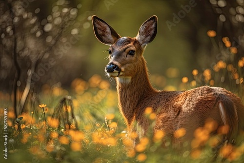 Roe deer in the springtime, wildlife in Slovakia. Generative AI