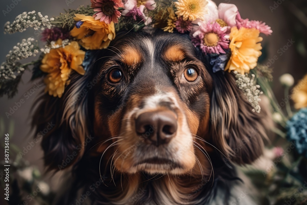 Canine floral headdress. Generative AI
