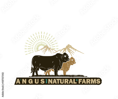 ANGUS NATURE CATTLE FARMS LOGO, silhouette of great cow standing vector illustations photo