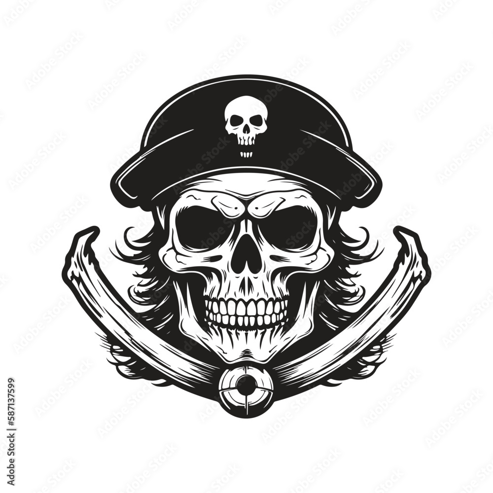 Naklejka premium skull pirate, logo concept black and white color, hand drawn illustration