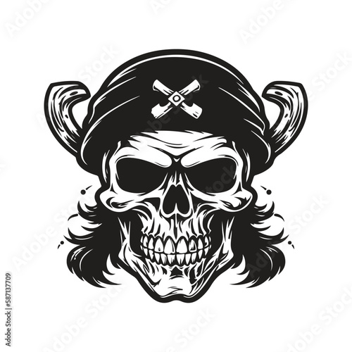 skull pirate, logo concept black and white color, hand drawn illustration
