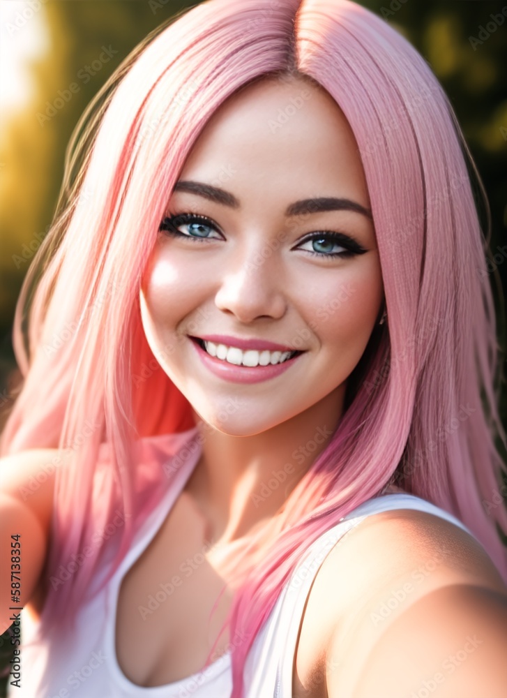 portrait of a smiling woman with pink hair portrait of a smiling woman with pink hair