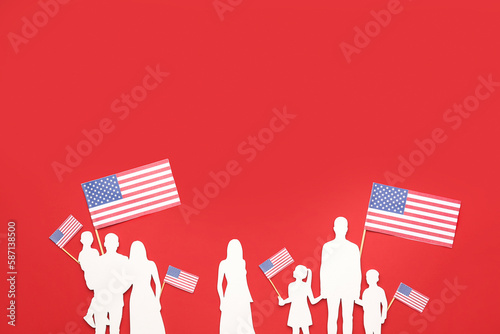 Family figures with USA flags on red background. Memorial Day celebration