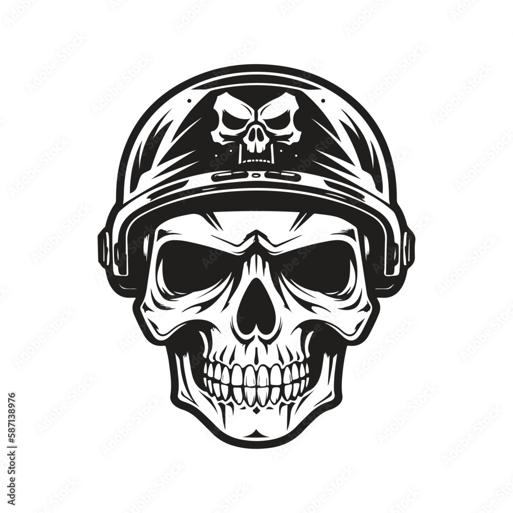 skull with military helmet, logo concept black and white color, hand drawn illustration
