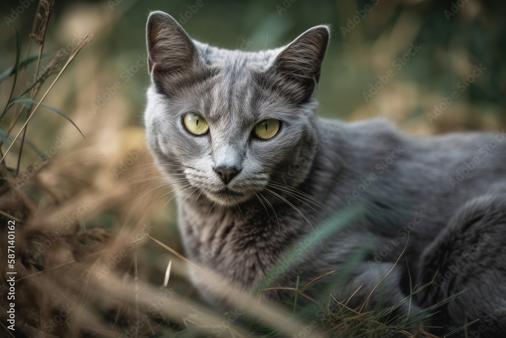 A gray cat sits in the grass. Generative AI