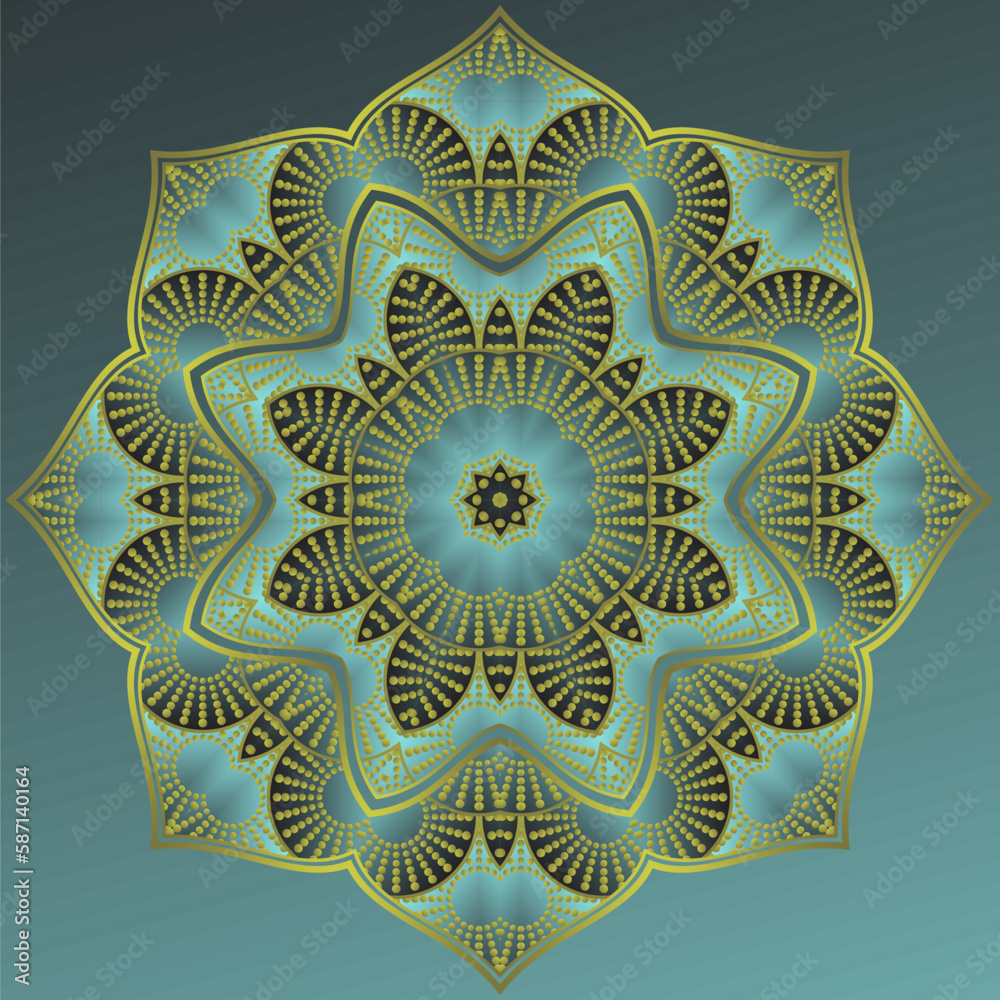 Vector mandala in green black combination with yellow gold outline