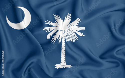 South Carolina flag waving with the wind, wide format, 3D illustration rendring. Design with satin fabric. to be used for educational purposes or for illustrations of videos or vlogs.