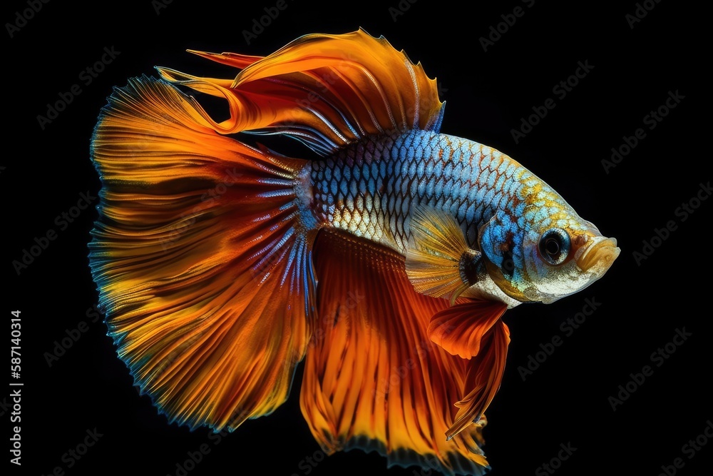Fighting fish, Betta splendens, with a variety of colors in the Siamese style and a natural background. Generative AI Fighting fish, Betta splendens, with a variety of colors in the Siamese style and a natural background. Generative AI