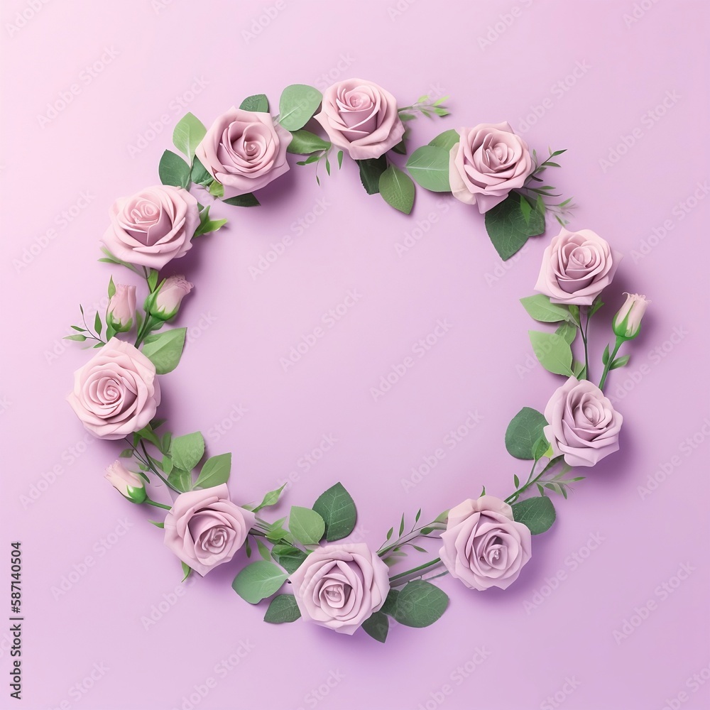 Light lilac violet floral background table with wreath of pink pastel roses and green leaves. Simple flatlay composition for wedding invitations. frontal and flat views, Created with generative AI Light lilac violet floral background table with wreath of pink pastel roses and green leaves. Simple flatlay composition for wedding invitations. frontal and flat views, Created with generative AI
