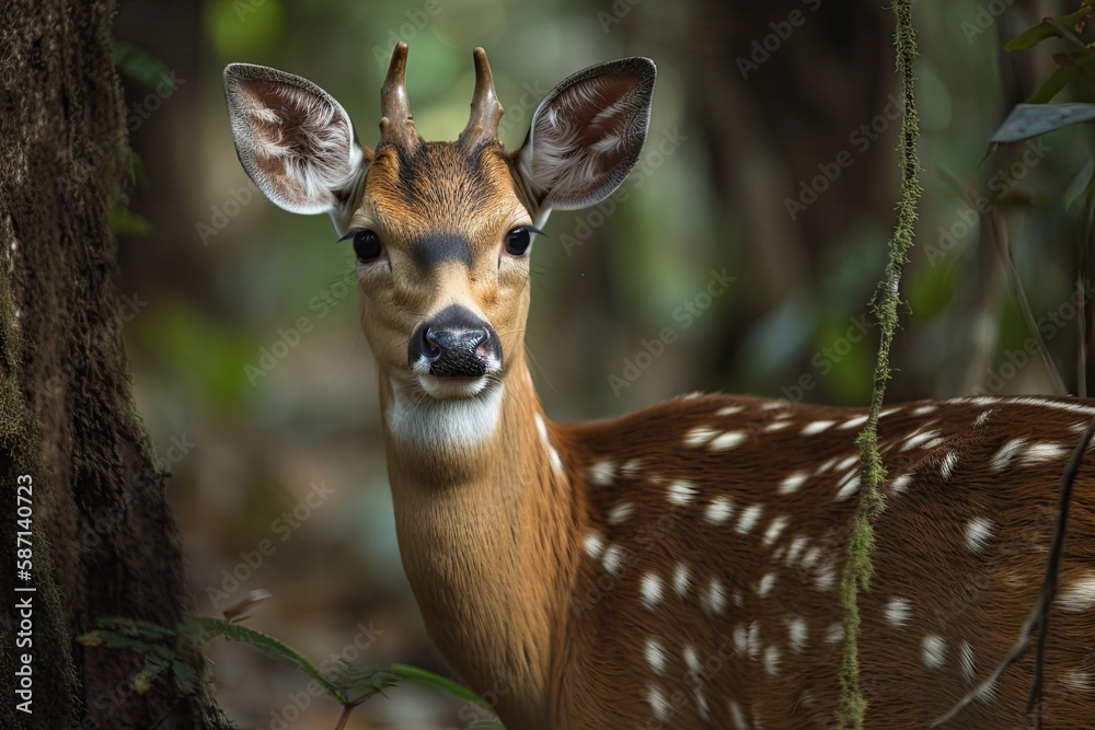young deer standing by a tree in a lush forest setting. Generative AI young deer standing by a tree in a lush forest setting. Generative AI