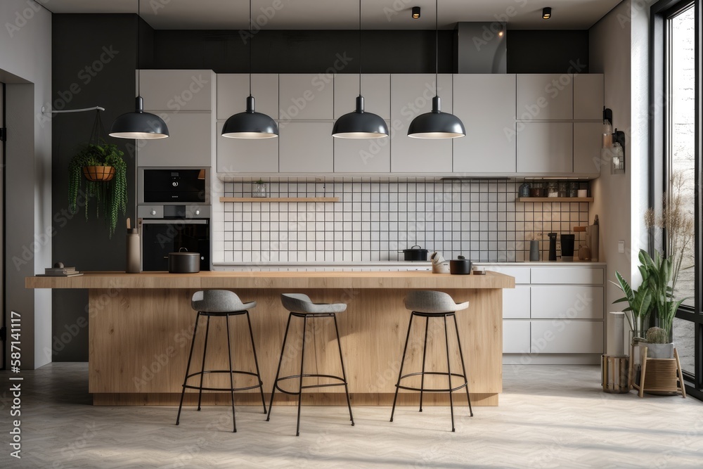 Interior of a white tiled kitchen with a tall lamp, a white and wooden bar, and black stools. an angle. a mockup. Generative AI