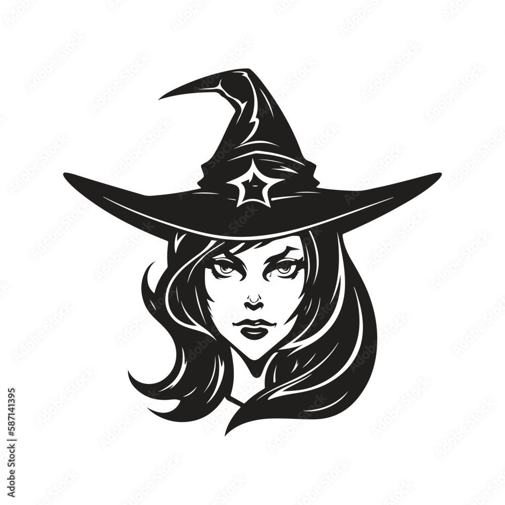 witch, logo concept black and white color, hand drawn illustration