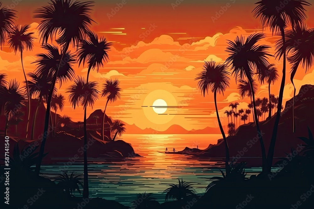 tropical sunset with silhouette palm trees. Generative AI