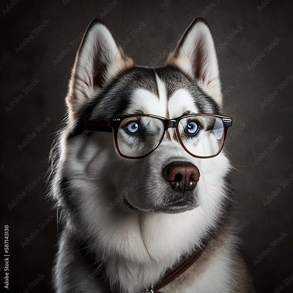Cute Siberian Husky dog wearing glasses. Generative AI