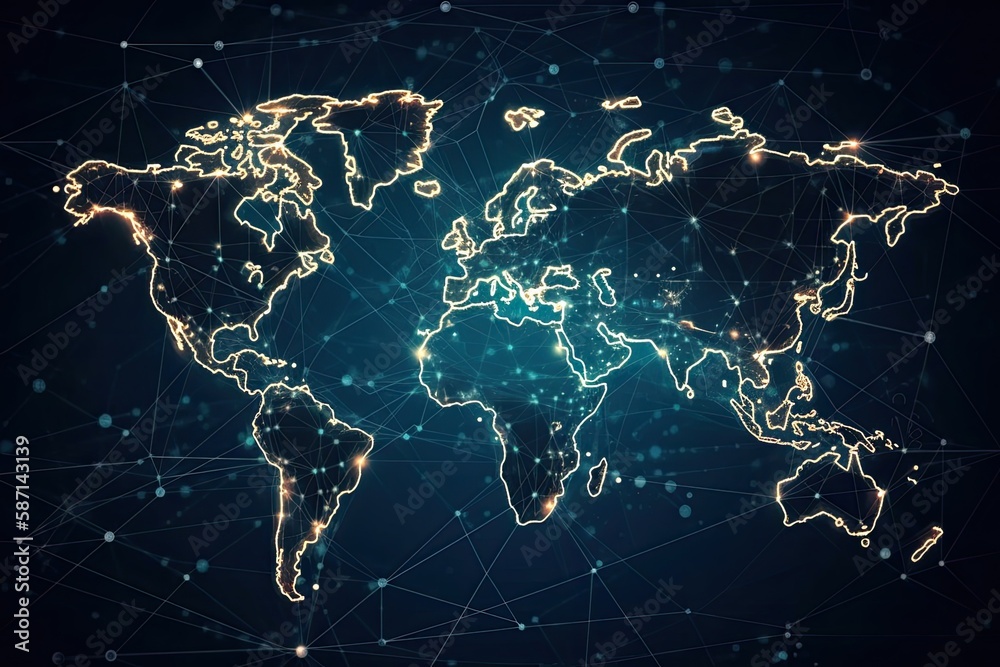 Fototapeta premium world map with illuminated cities and countries at night. Generative AI