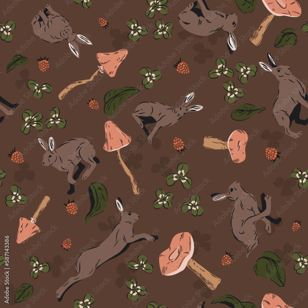 Obraz premium Powtarzalny leśny wzór. Zające, grzyby, maliny i koniczyna. Dzikie króliki, muchomory i krzaczki z jagodami. Ilustracja wektorowa.