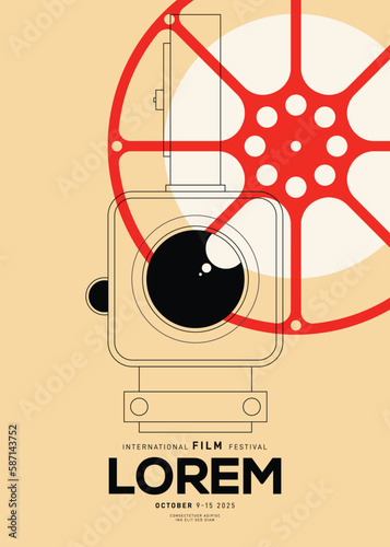 Movie festival poster design template background with vintage camera and film reel