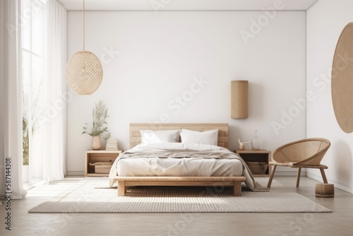 House interior backdrop, warm white bedroom with brilliant furnishings natural wooden tables, contemporary style,. Generative AI photo