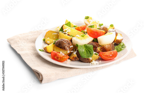 Plate of tasty potato salad isolated on white