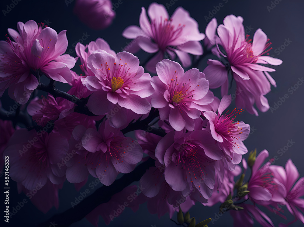 A hyper-realistic colorful sakura flower, bright color, photorealistic, ultra-wide angle, depth of field, hyper-detailed, Generative AI