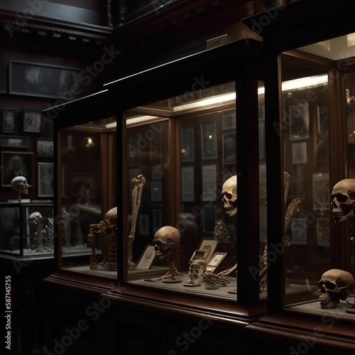 creepy inside the mutter Museum. Dark and mysterious. Lugubrious, Cinematic, Generative IA
