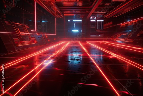Illustration of Red Neon Laser Beam Electric Glow Technology in a Science Fiction Film. Generative AI © AkuAku
