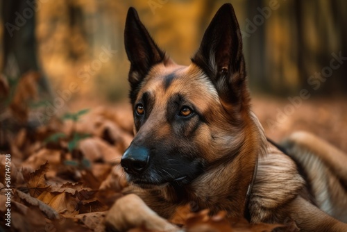 In the autumn woodland, a beautiful Belgian Shepherd Malinois Dog rests among the leaves. Generative AI