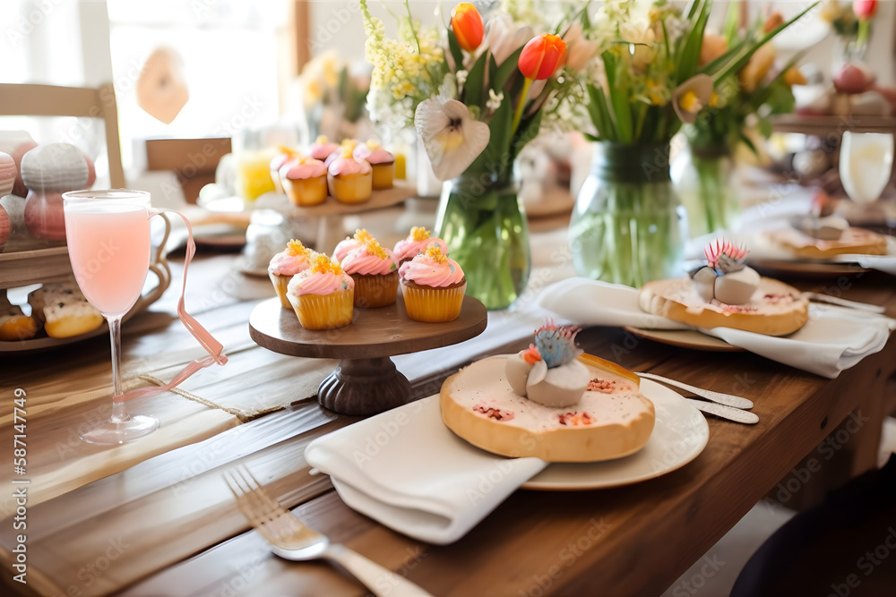 a wooden table topped with plates and cupcakes 