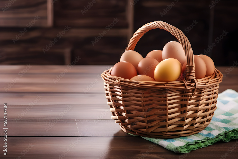 a wicker basket filled with eggs on top of a wooden table a wicker basket filled with eggs on top of a wooden table