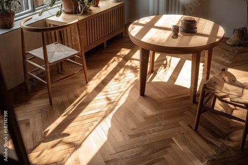 From above, a wooden table and chair on herringbone parquet. Windowshade shadows. Boho style beige interior fragment. Generative AI