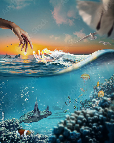water hand coming out of the sea and touching a human hand behind a wave. Seabed appearing from underwater with marine life and marine animals. Taking care of the oceans