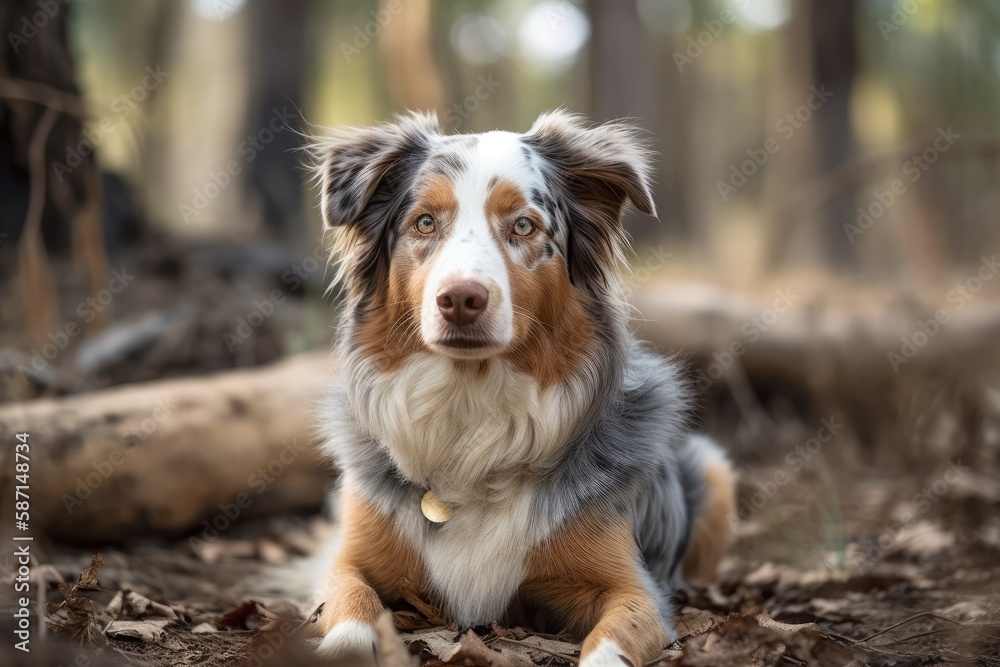 Outside, an Australian Shepherd dog sits. Generative AI