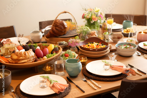 a wooden table topped with plates and cups filled with food 