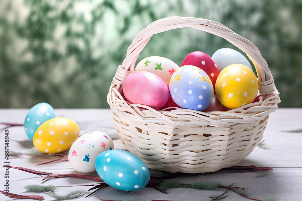 a white basket filled with colorful easter eggs a white basket filled with colorful easter eggs