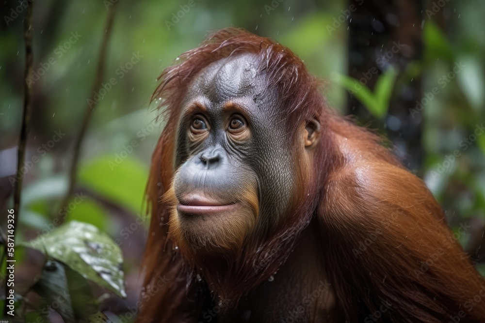 Obraz premium A ferocious mother Orangutan from Borneo in the rainforest. Generative AI