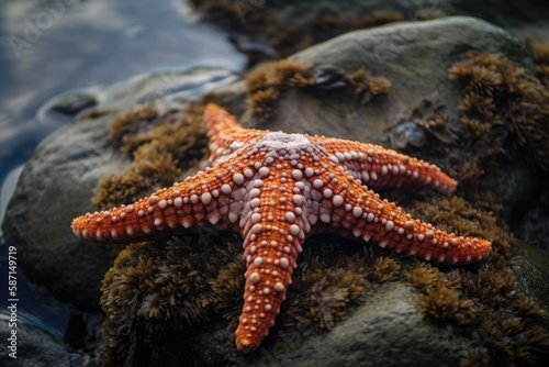 orange and white starfish resting on a rocky surface. Generative AI