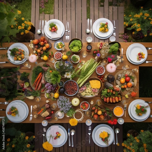 display of healthy, green, and spring related fruits and vegetables neatly shown on a deck with a table overhead view, ai generated