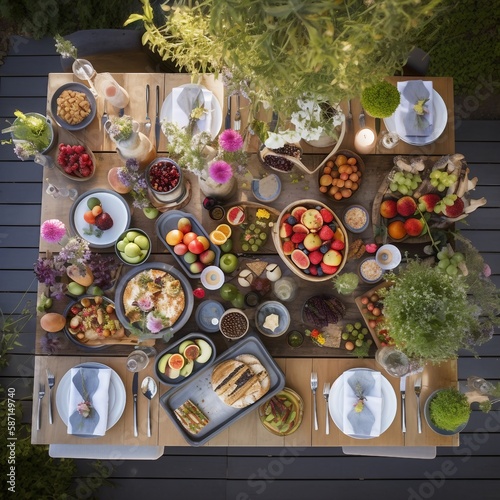 display of healthy, green, and spring related fruits and vegetables neatly shown on a deck with a table overhead view, ai generated